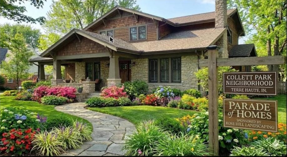 A Craftsman home with a curved flagstone walkway and full flower beds, the Collett Park Parade of Homes he sponsored